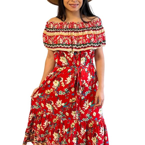 Red and Yellow Floral Printed Off Shoulder Maxi Dress - Picture 1 of 5